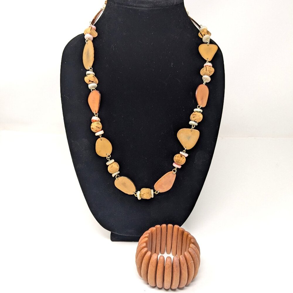 Tagua nut necklace Heishi shell beads Carved wood bracelet Set Ethnic Boho